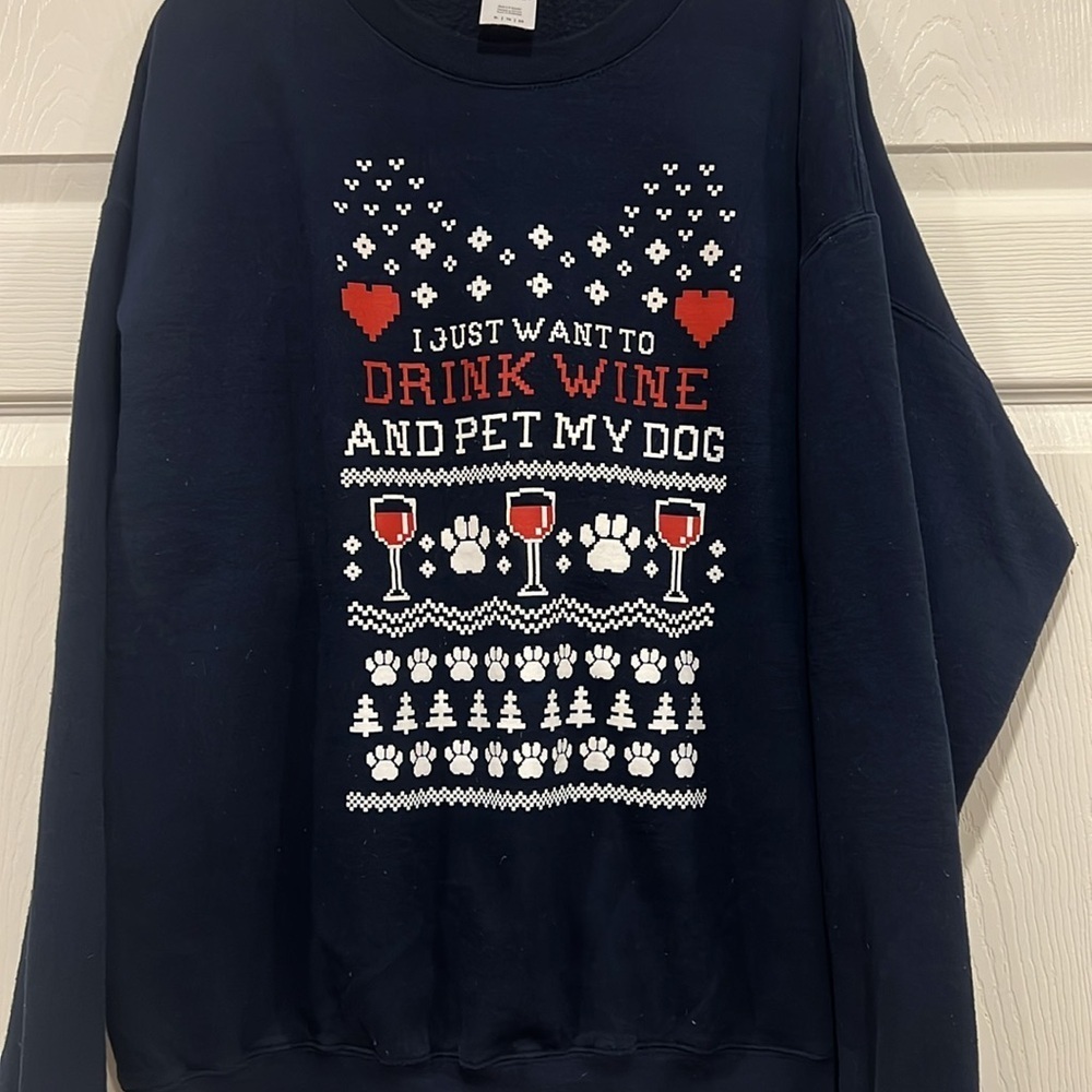 Gildan I Just Want to Drink Wine and Pet My Dog Ugly‎ Christmas Sweatshirt XL - Picture 2 of 6